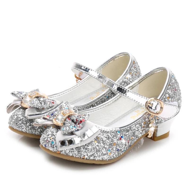 Chaussures en cuir à talons hauts pour filles, chaussures de princesse pour enfants, fleur, paillett