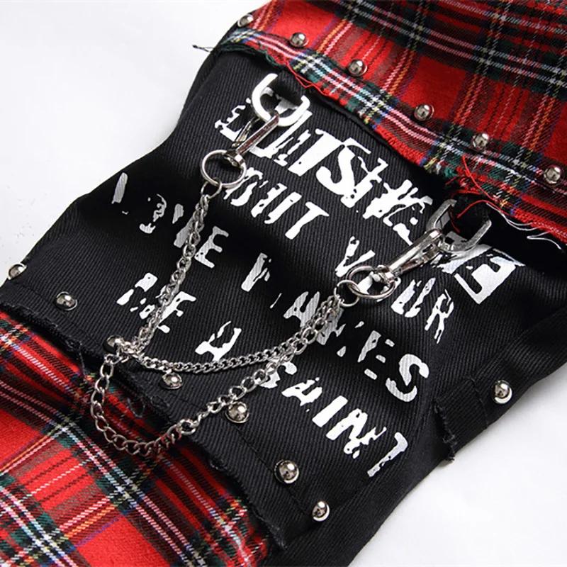 Jean Patchwork Tartan écossais pour hommes, pantalon en Denim noir, Punk avec Rivet, lettres imprimé