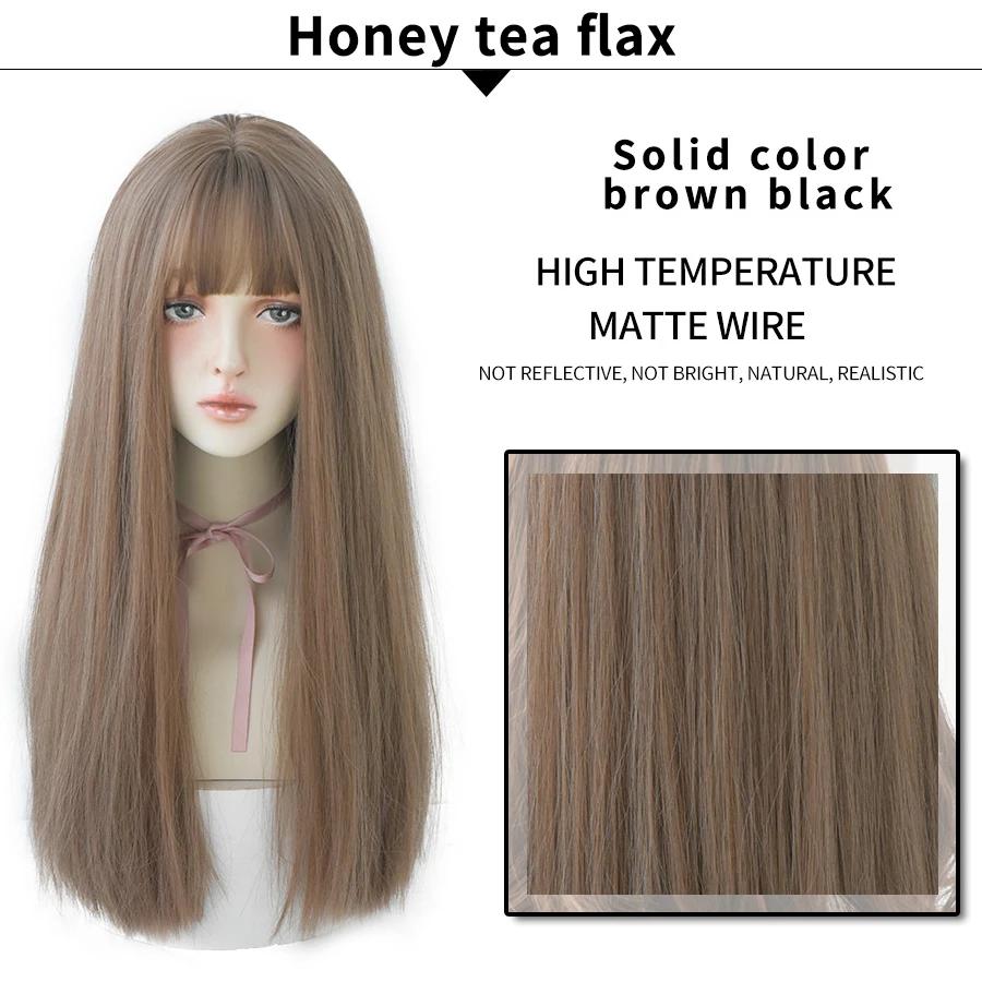 7JHHWIGS – perruques synthétiques longues et lisses marron clair avec frange pour femmes, résistante