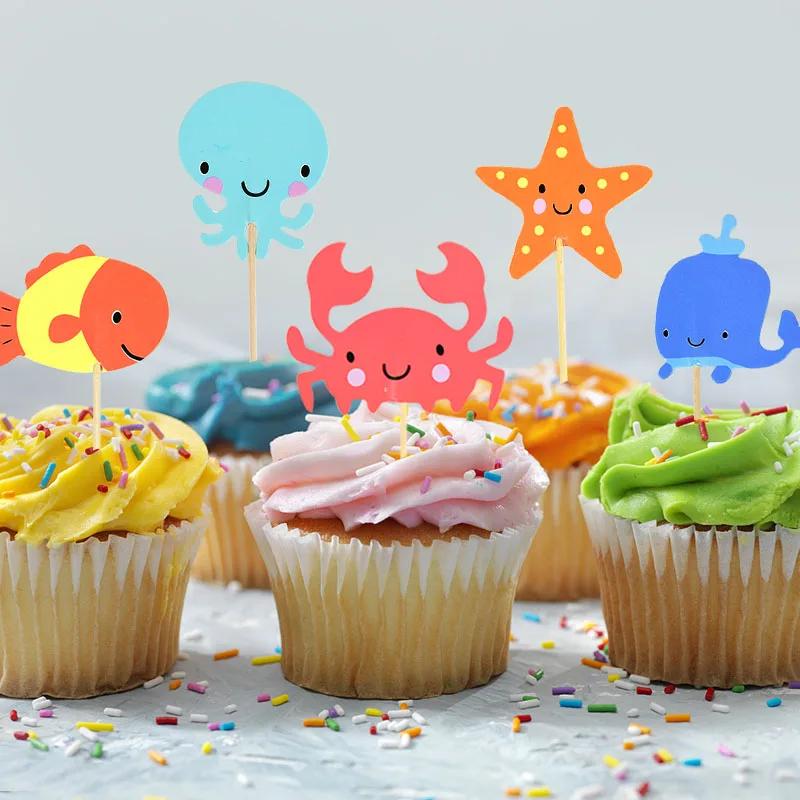 Décorations de Cupcake sous la mer, 24 pièces, drapeaux de fête sous la mer, thème sirène, fête prén