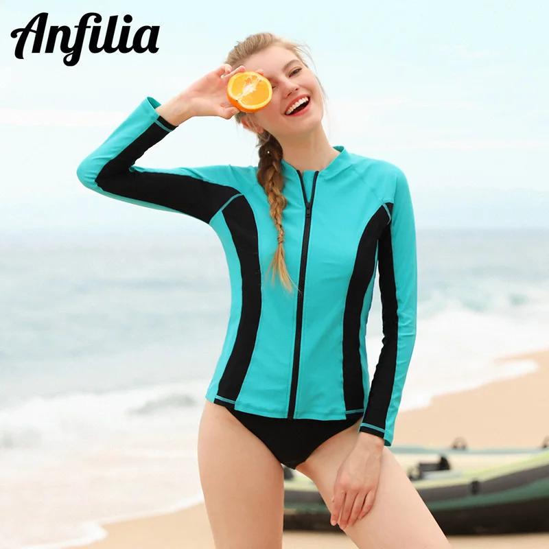 Anfilia – maillot de bain à manches longues et fermeture éclair pour femmes, haut de surf, protectio