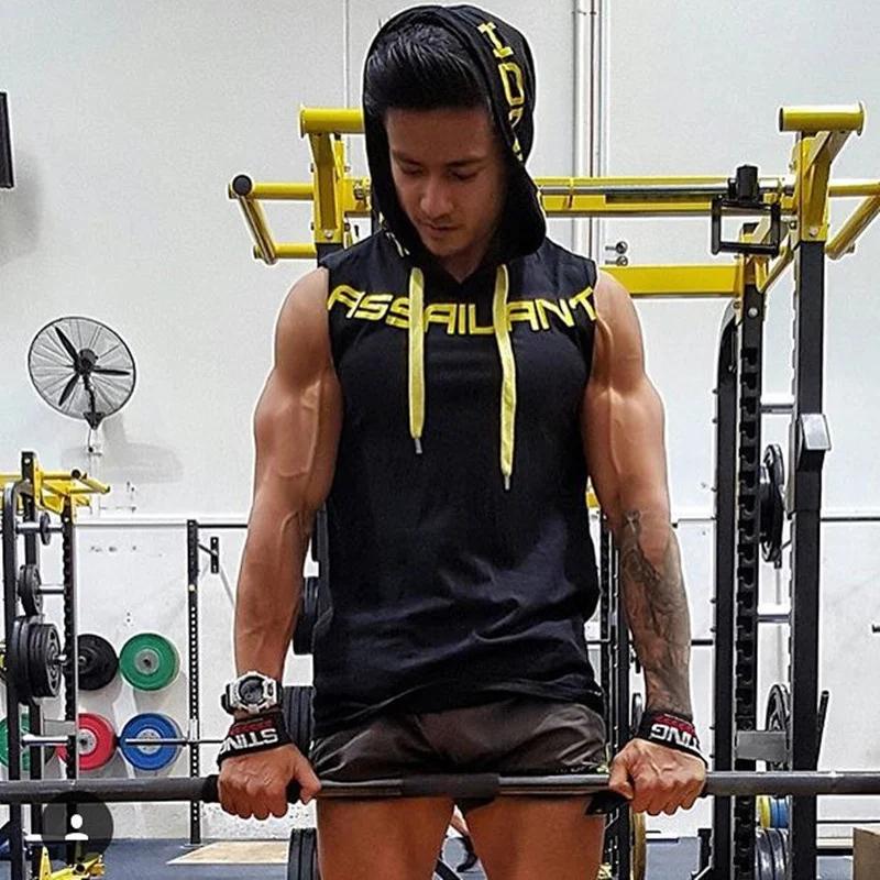 Hommes débardeurs vêtements de sport Fitness sweat à capuche sans manches gilets coton Singlets homm