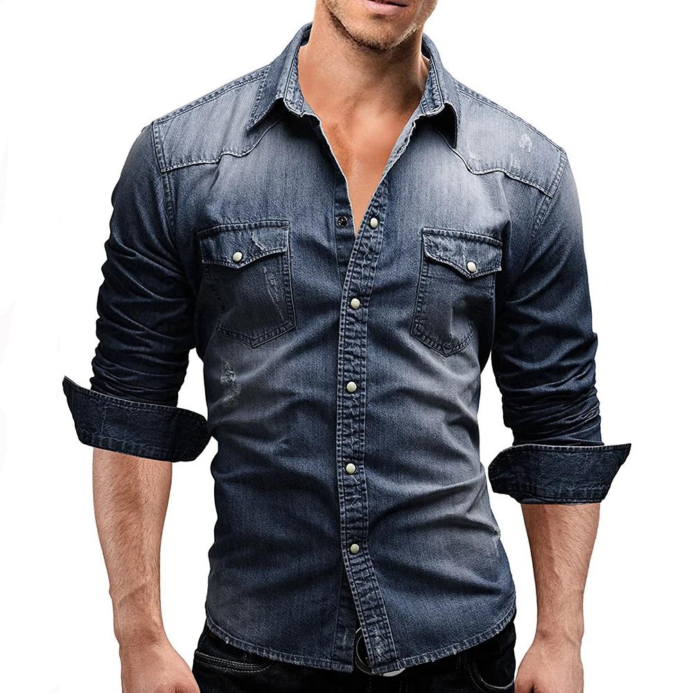 T-shirt en Denim à manches longues pour homme, vêtement de marque, en coton doux, Slim, en jean élas