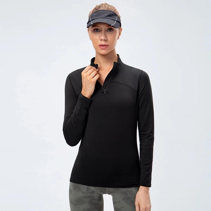 Haut de sport femme manches longues velours - Yoga fitness randonnée vélo col zippé automne