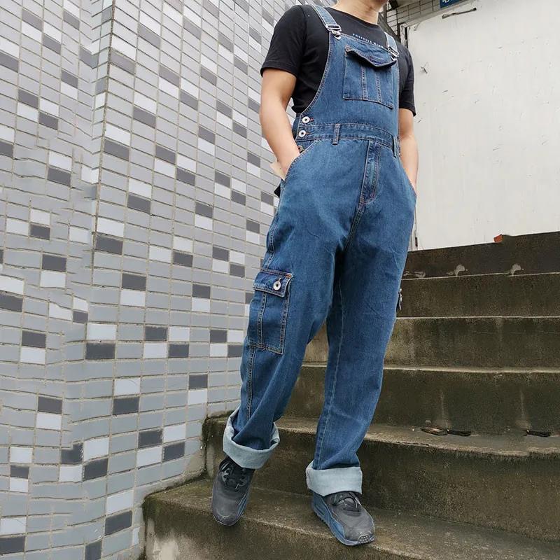 Combinaison Salopette pour Homme, Grande Taille, Bretelles Droites, Jean Bleu avec 7 Poches