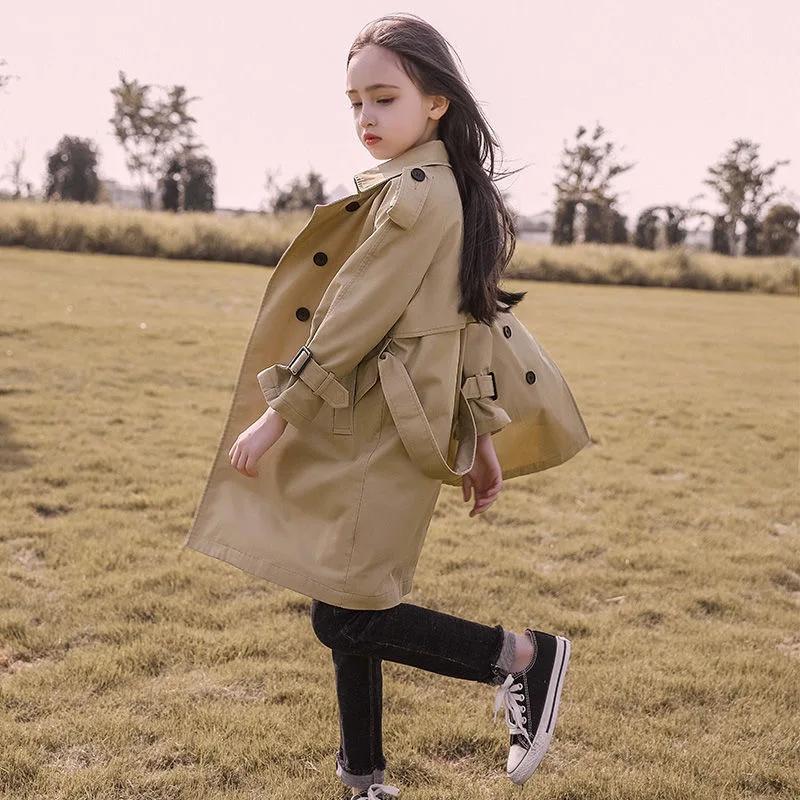 Trench-coat long pour adolescentes de 4 à 13 ans, nouvelle mode, veste coupe-vent de Style anglais p