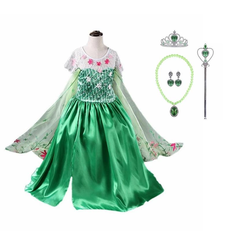 Robe de soirée princesse Elsa pour filles, tenue verte, costume d'anniversaire pour enfants de 3, 4,