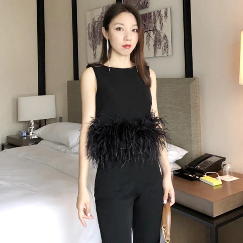 TWOTWINSTYLE noir Patchwork plumes mode coréenne petit haut femmes col rond sans manches mince hauts