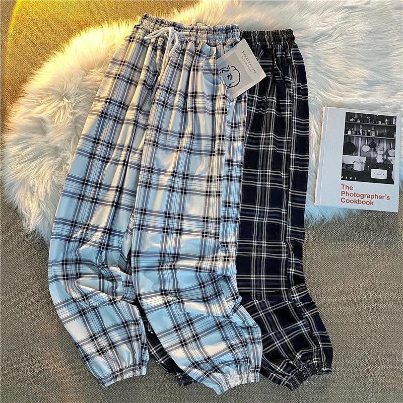 Pantalons femmes nouveau bouquet de pieds mode ample noir Plaid été Harajuku étudiants Streetwear sa