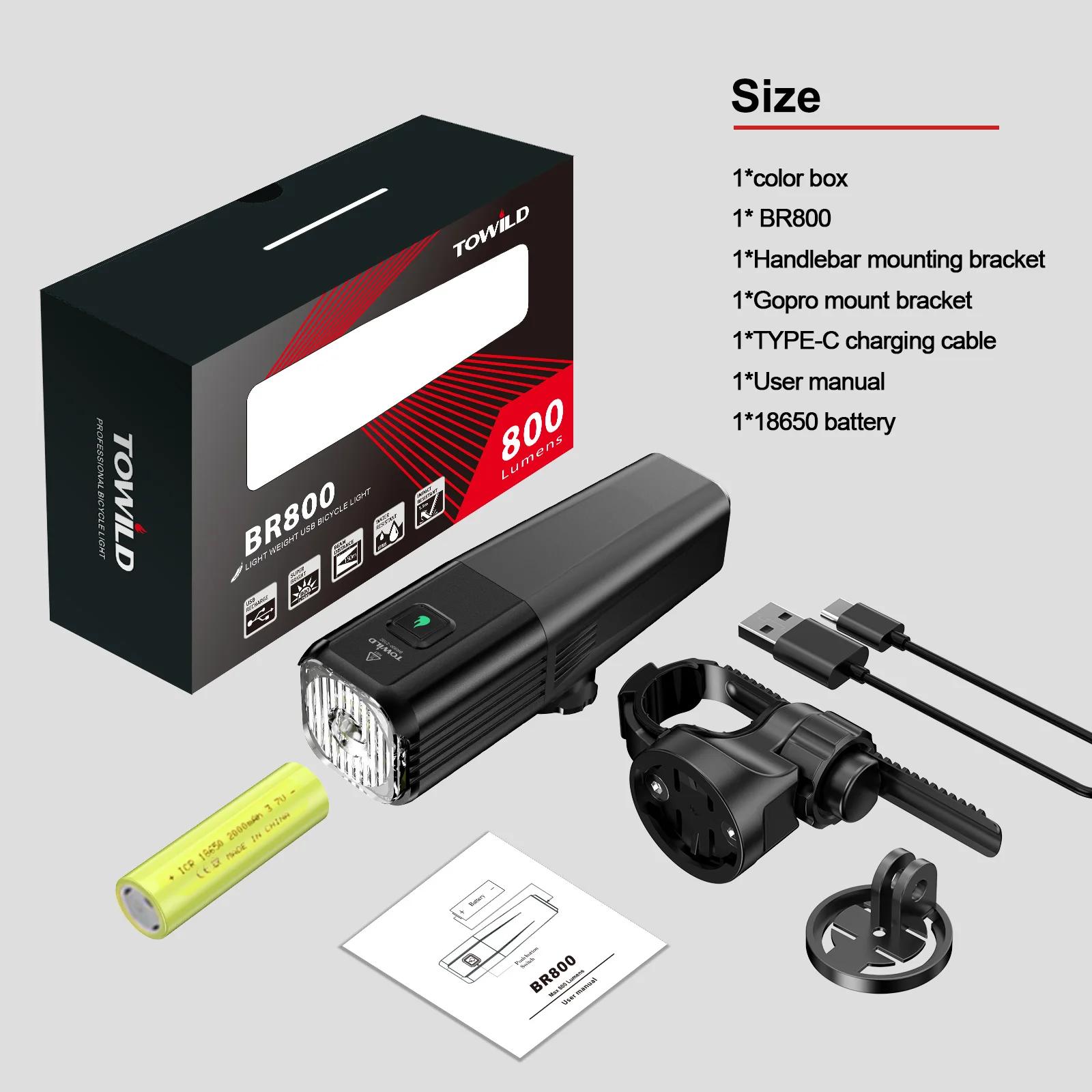 TOWILD – phare de vélo 800 lumens, torche anti-éblouissement, charge USB, équipement de cyclisme, BR