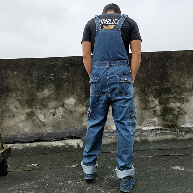 Combinaison Salopette pour Homme, Grande Taille, Bretelles Droites, Jean Bleu avec 7 Poches