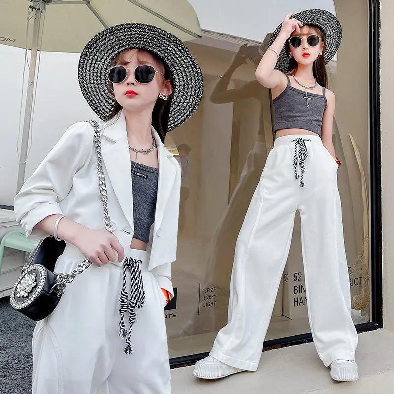 Ensemble de vêtements pour adolescentes, Top court + veste Blazer et pantalon, costume blanc 3 pièce