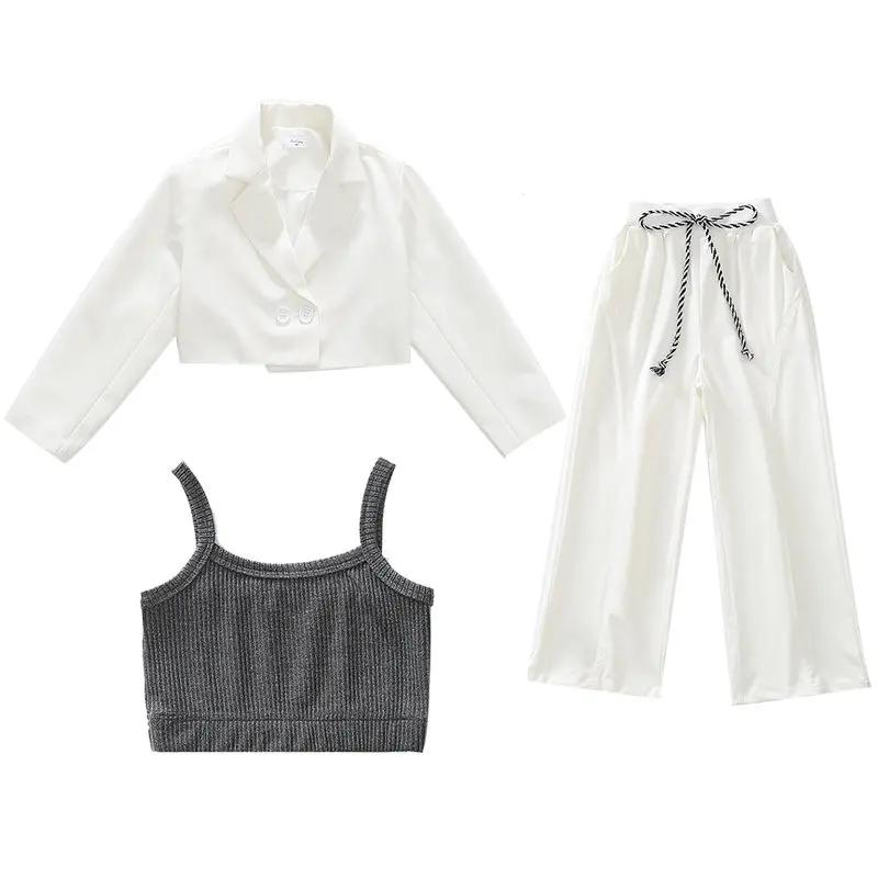 Ensemble de vêtements pour adolescentes, Top court + veste Blazer et pantalon, costume blanc 3 pièce