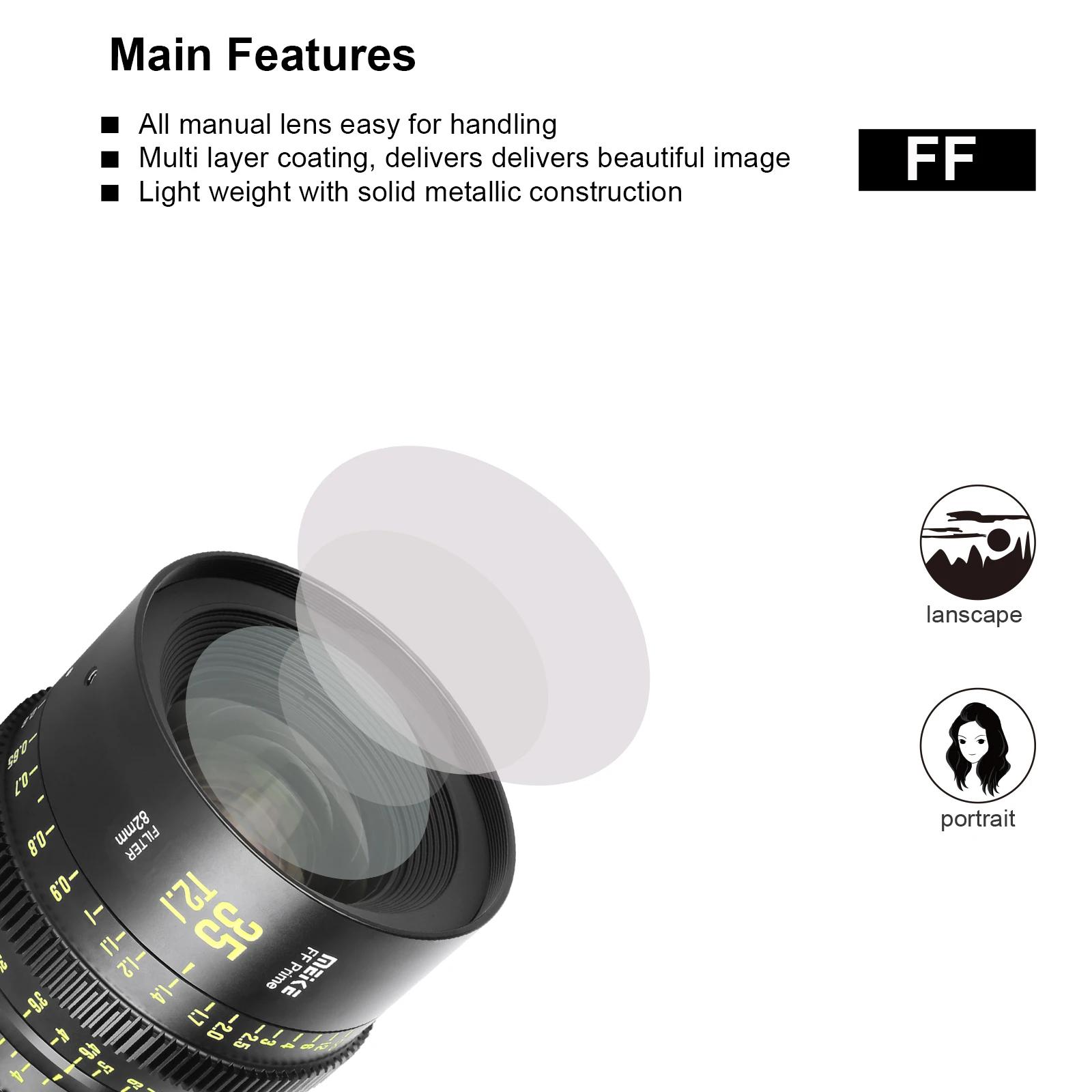 Objectif Cine Meike Prime 35/50/85/105/135 mm T2.1 pour systèmes de caméra de cinéma FF, comme Canon
