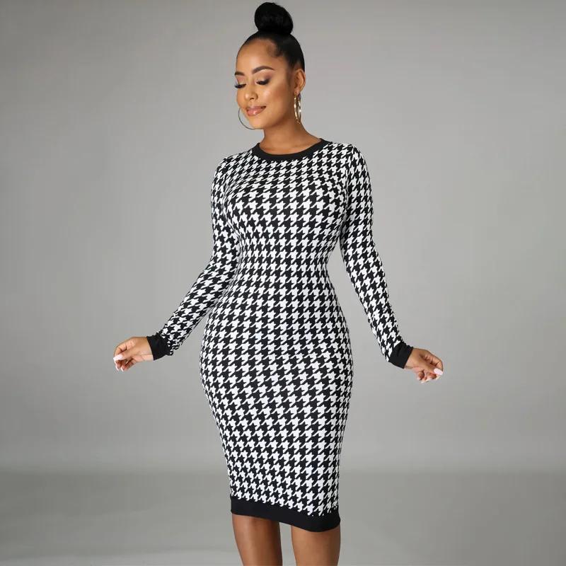 Robe mi-longue imprimée pied-de-poule pour femmes, manches longues, ajourée, moulante, Sexy, Streetw