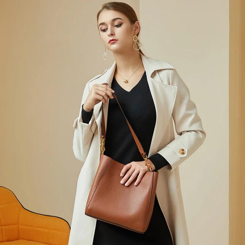 Zency nouveau cuir véritable décontracté Shopper sac à bandoulière banlieue grand seau sac à main Si