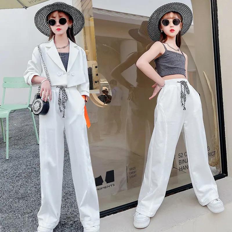Ensemble de vêtements pour adolescentes, Top court + veste Blazer et pantalon, costume blanc 3 pièce
