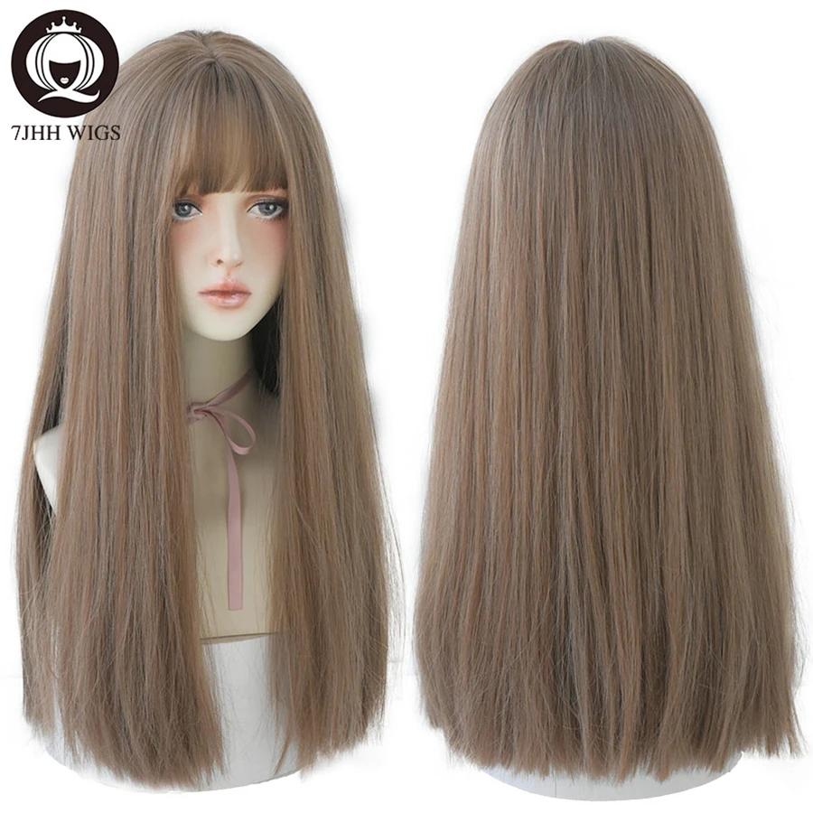 7JHHWIGS – perruques synthétiques longues et lisses marron clair avec frange pour femmes, résistante