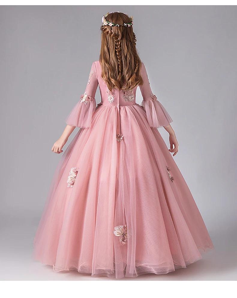 Robe de Demoiselle d'Honneur en Dentelle Rose pour Enfant, Tenue de Princesse à Manches Évasées, de