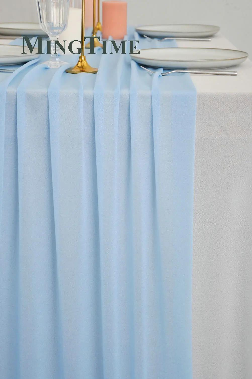Chemin de Table en mousseline de soie transparente, couleur unie, bleu rustique, style Boho, fête de