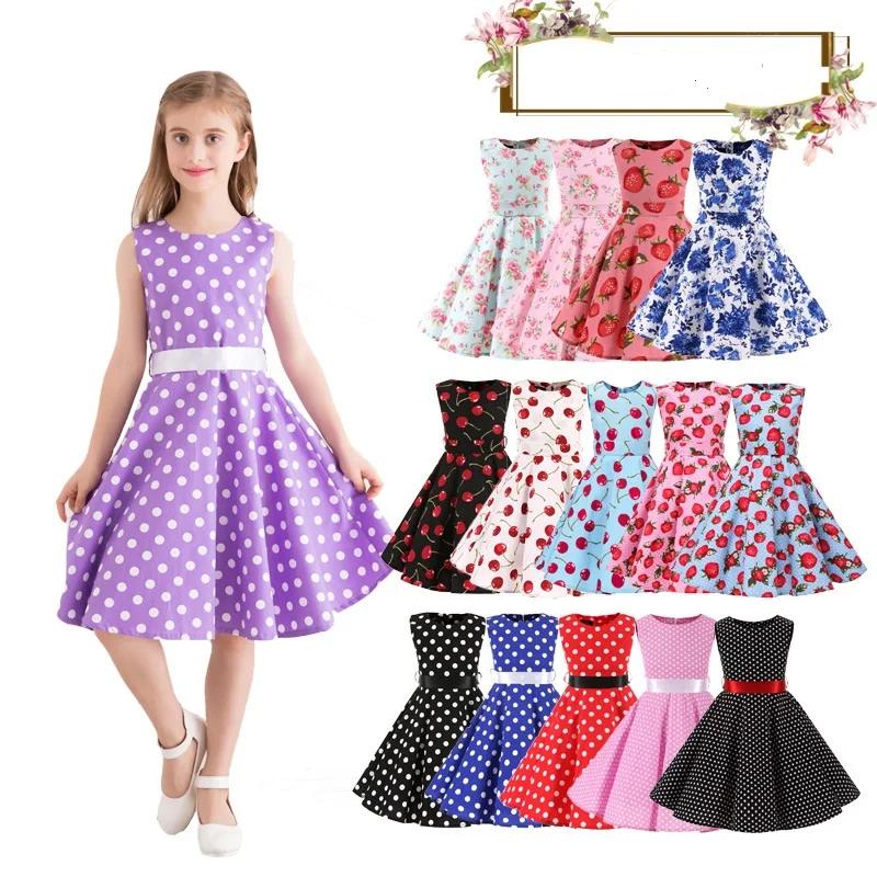Robes en coton à pois vintage rétro pour filles, robes trapèze, jupe plissée, longueur genou, robe d