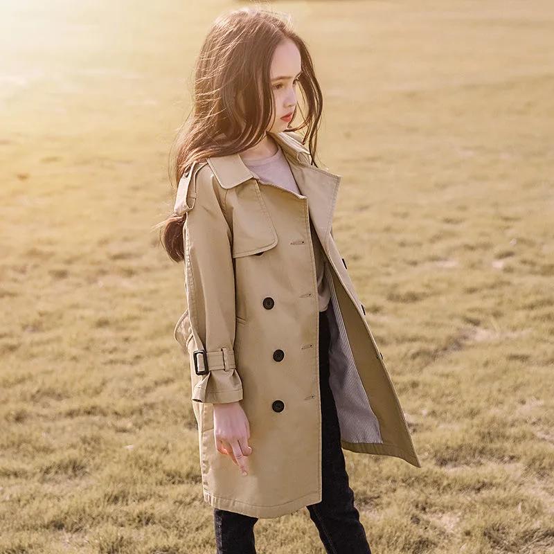 Trench-coat long pour adolescentes de 4 à 13 ans, nouvelle mode, veste coupe-vent de Style anglais p
