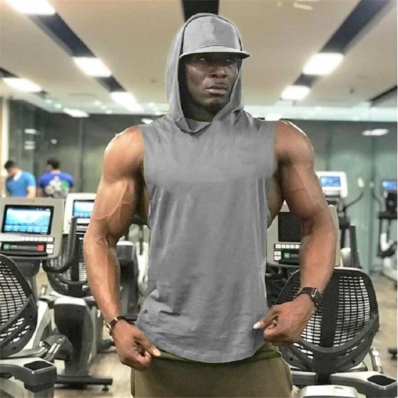 Débardeurs à capuche sans manches pour hommes, en coton respirant, pour la course, le sport, la musc