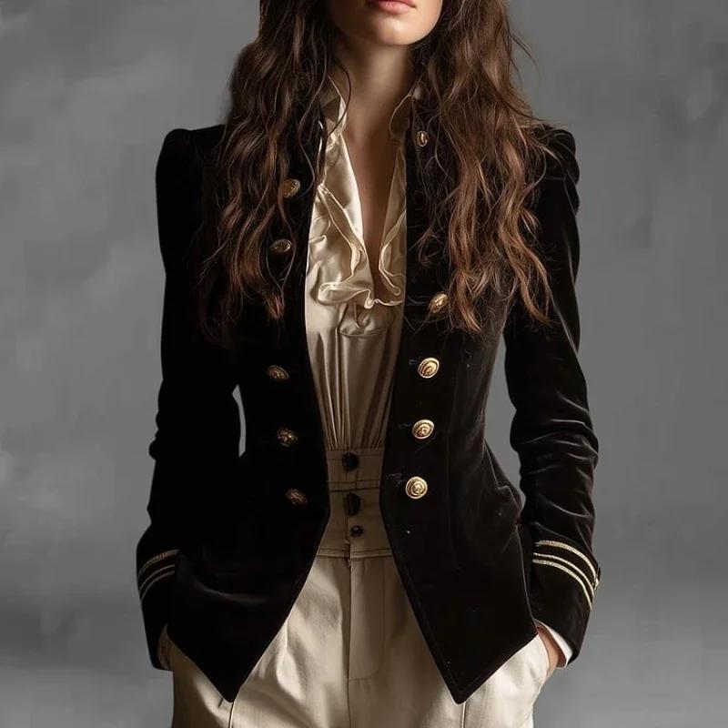 Veste élégante en velours vintage pour femme, style preppy britannique, veste ajustée décontractée,