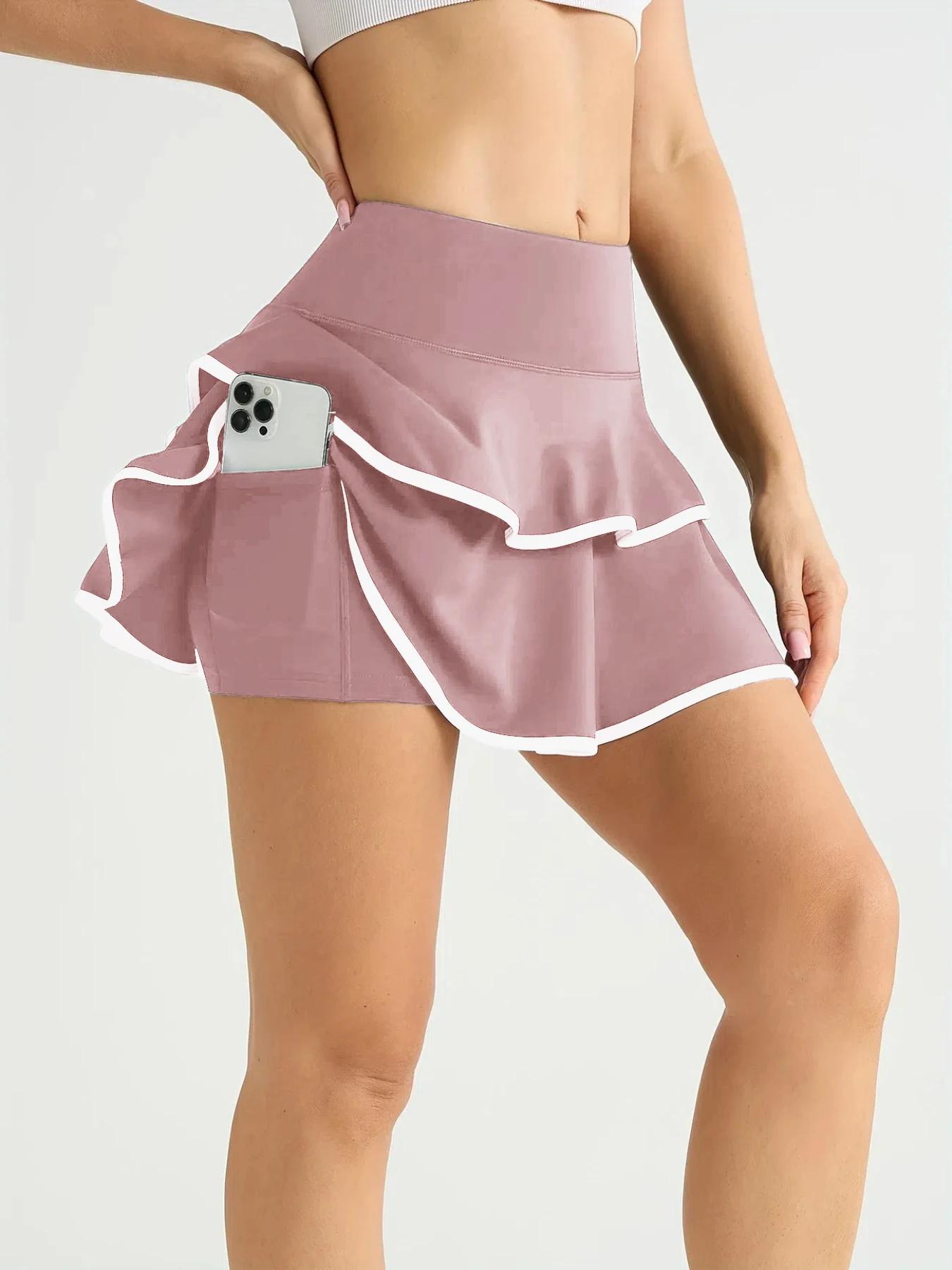Jupe-short bloc de couleur taille haute pour femmes, avec poches intérieures, jupes plissées de Tenn