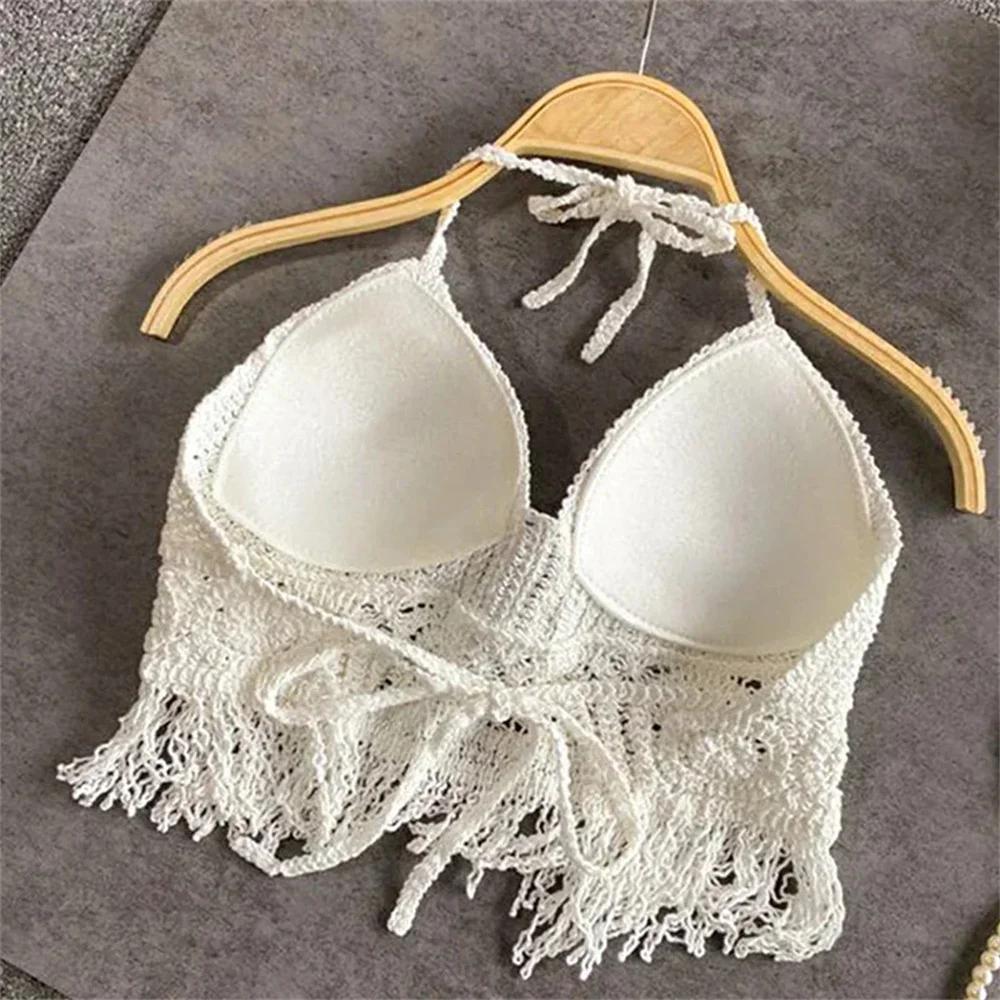 Femmes été plage Boho culture hauts Sexy Y2K tricoté dos nu évider débardeurs Crochet glands ourlet