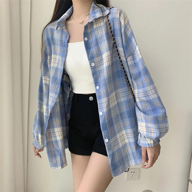 Chemise Tartan à manches longues pour femmes, col boutonné, surdimensionnée, à carreaux, veste Grung