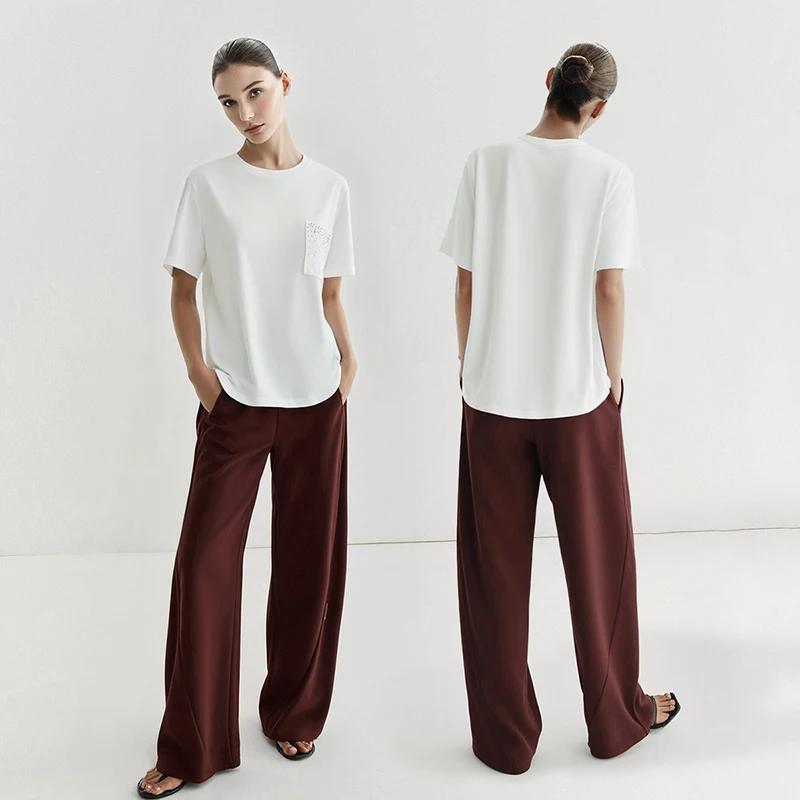 T-shirt Amii pour femme, nouvelle collection été 2026, col rond, en coton extensible, avec poche orn