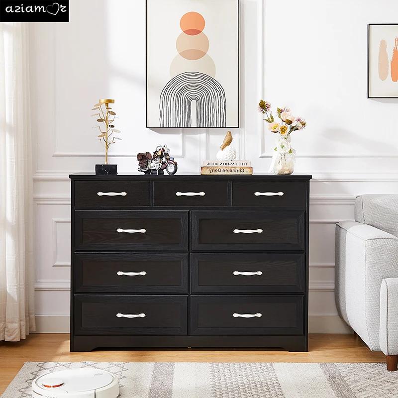 Commode de Chambre à Coucher, Commode Longue à 9 Tiroirs avec Détection Antique, Commode en Bois pou