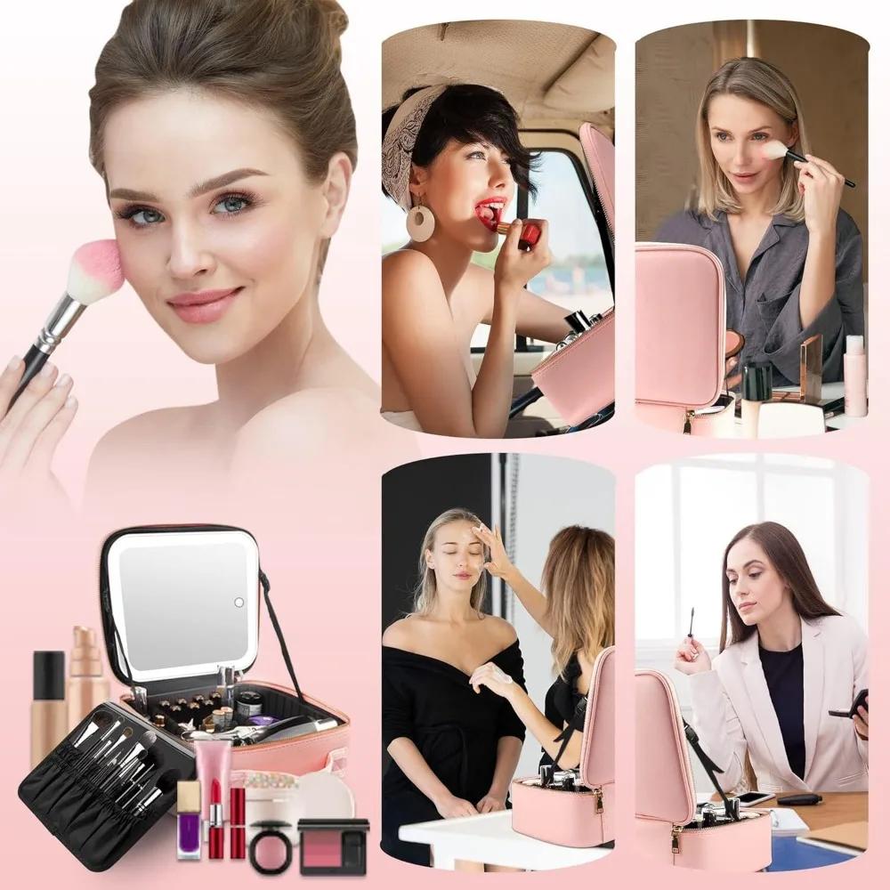Trousse de maquillage avec miroir LED, grande mallette de voyage, organisateur de cosmétiques, sacs