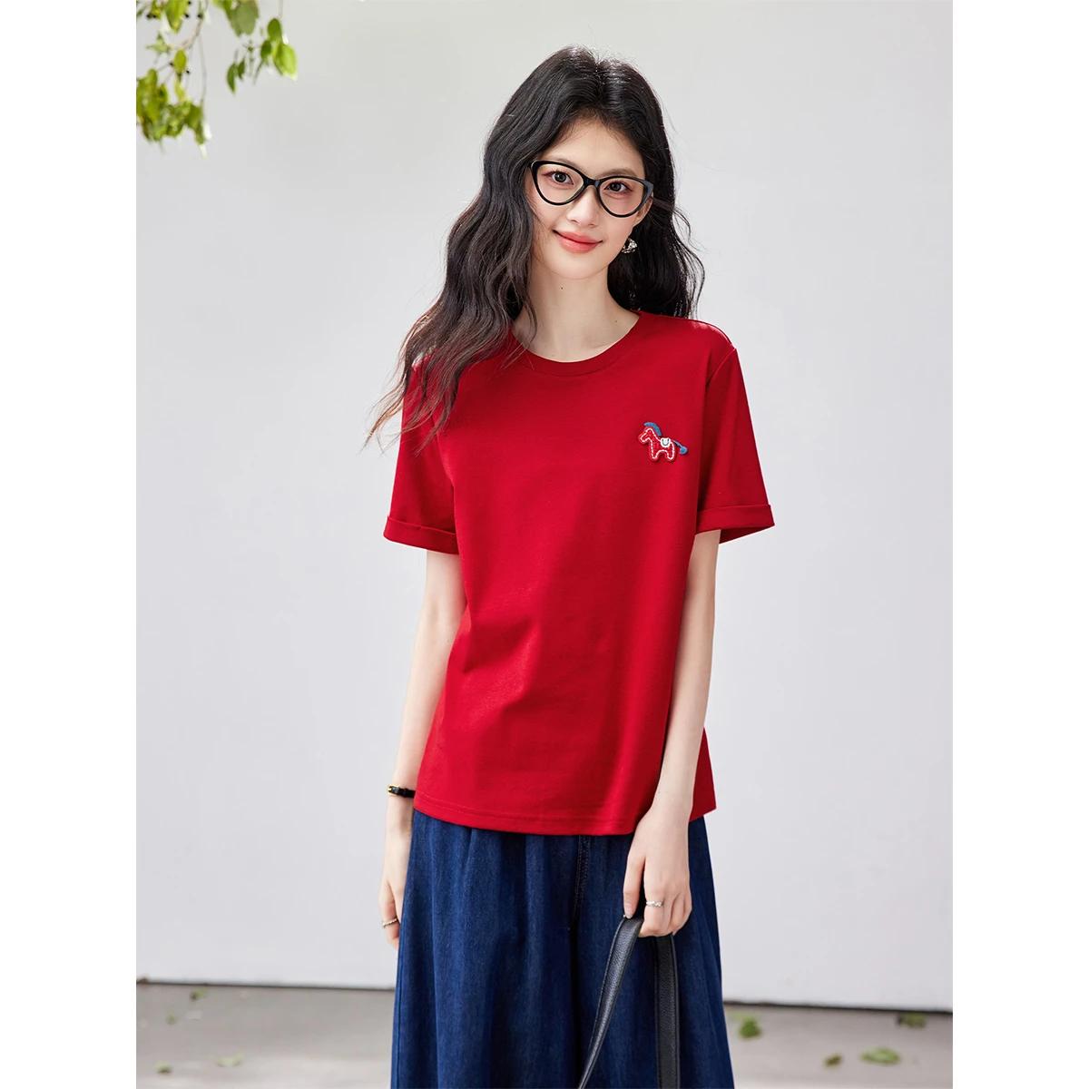 T-shirt décontracté polyvalent rouge pour femme VIMLY, nouvelle collection été 2026, mode bureau, br