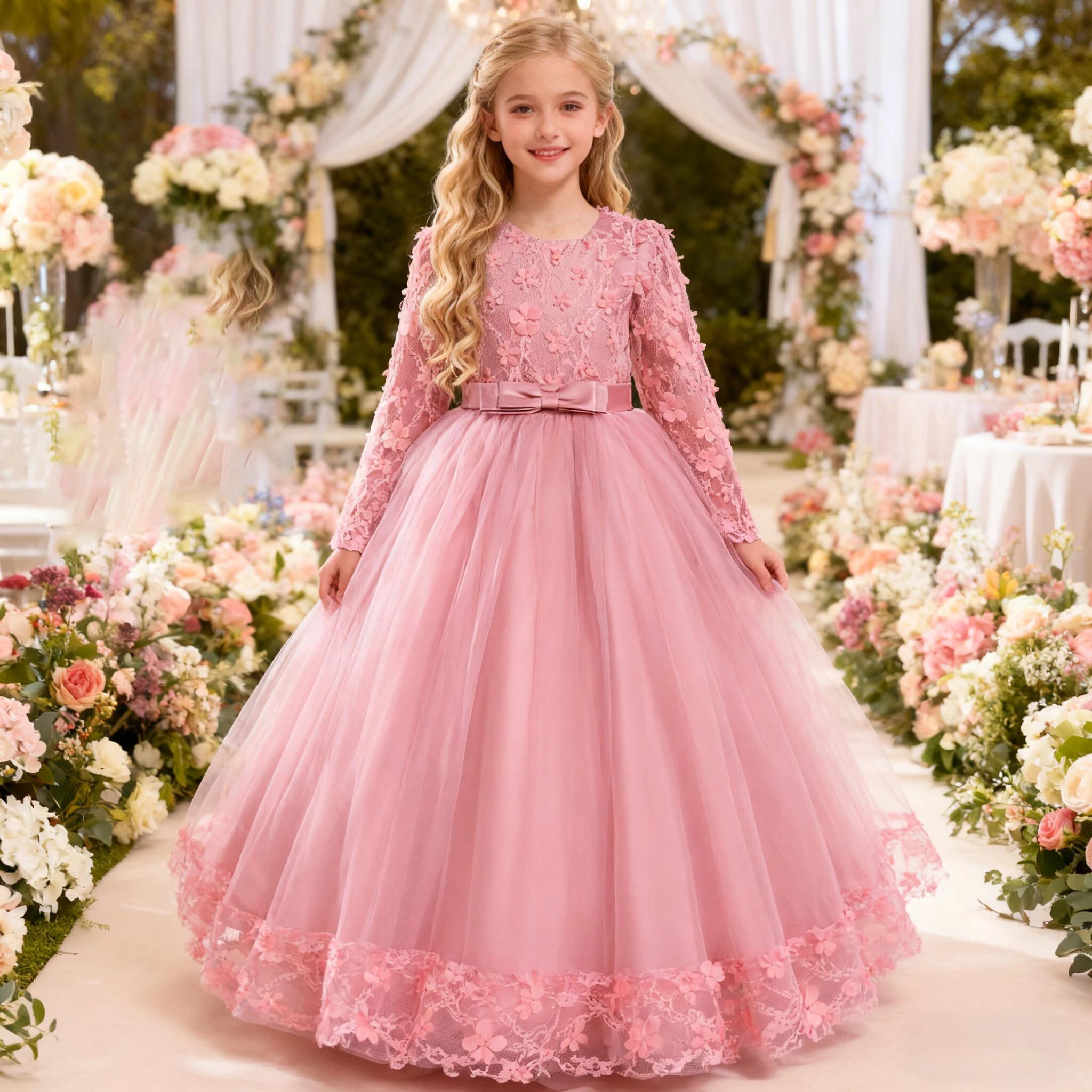 Robe de demoiselle d'honneur à manches longues pour filles, costume de Noël pour enfants, nœud en de