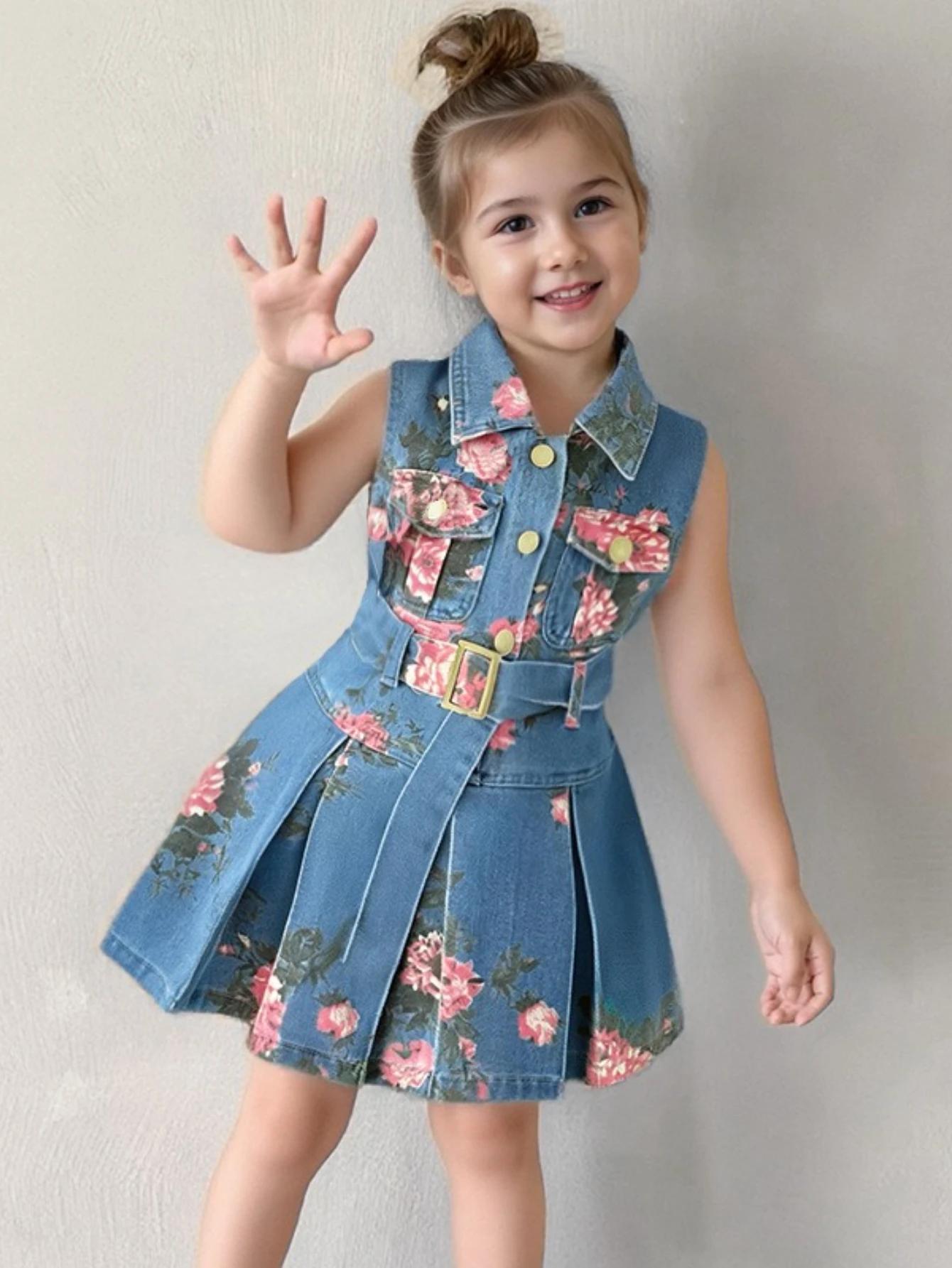 Robe d'été en jean pour filles – Col à imprimé floral et jupe trapèze ceinturée, robe de princesse d