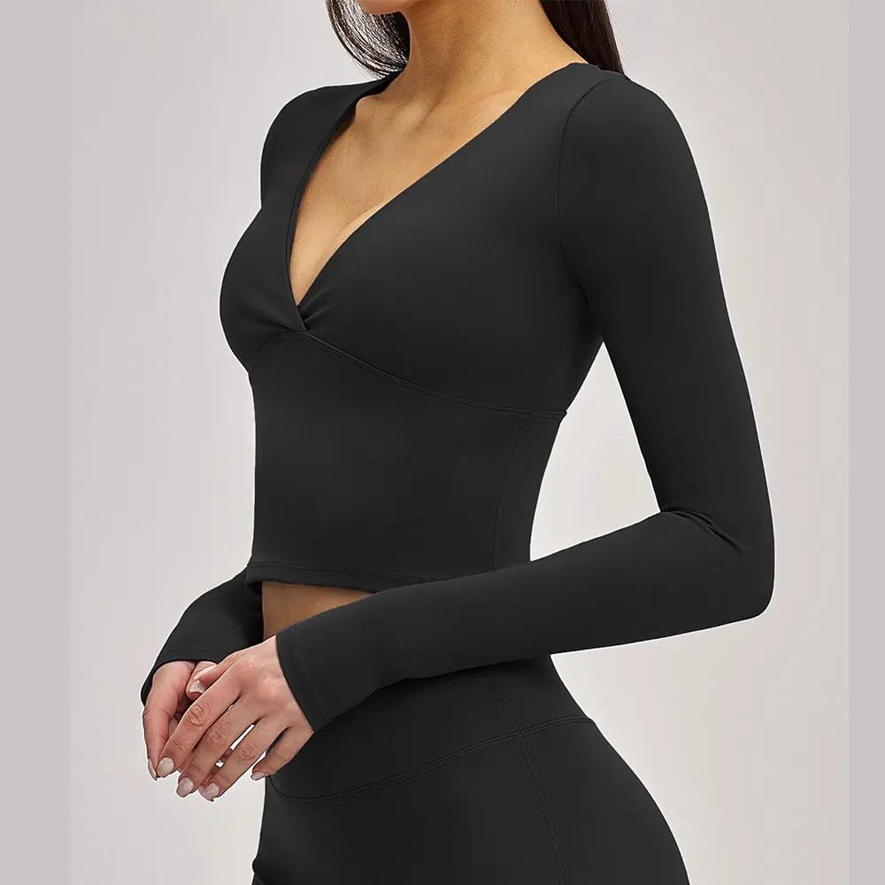T-shirts de yoga pour femmes, coupe ajustée, manches longues, vêtements de sport, de fitness, de cou