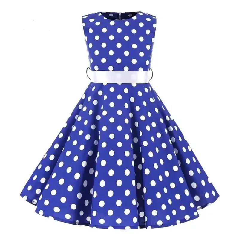 Robes en coton à pois vintage rétro pour filles, robes trapèze, jupe plissée, longueur genou, robe d