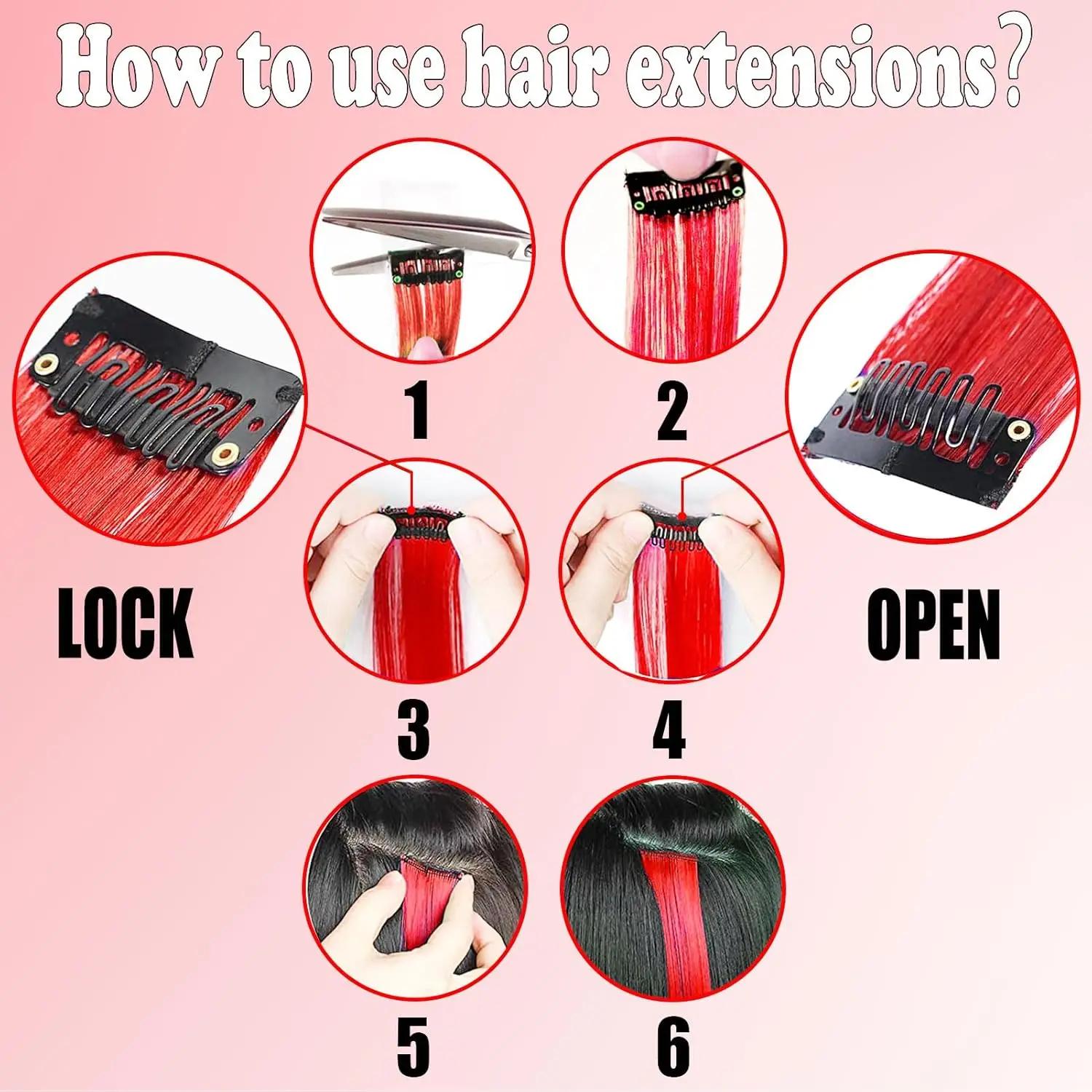 6/12 pièces Extensions de cheveux pince, 22 pouces Extensions de cheveux colorés reflets de fête pos