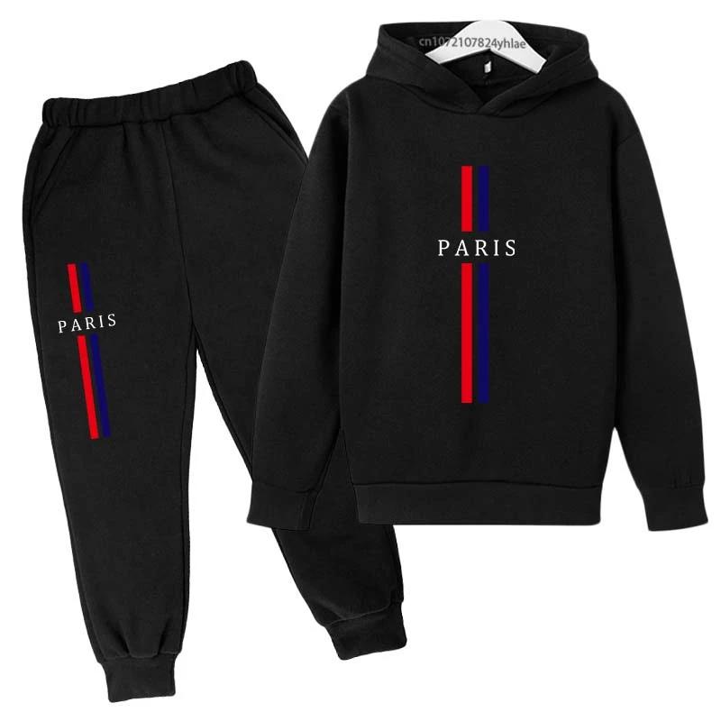 Enfants automne printemps décontracté Paris imprimer 2 pièces sweat à capuche + pantalon survêtement