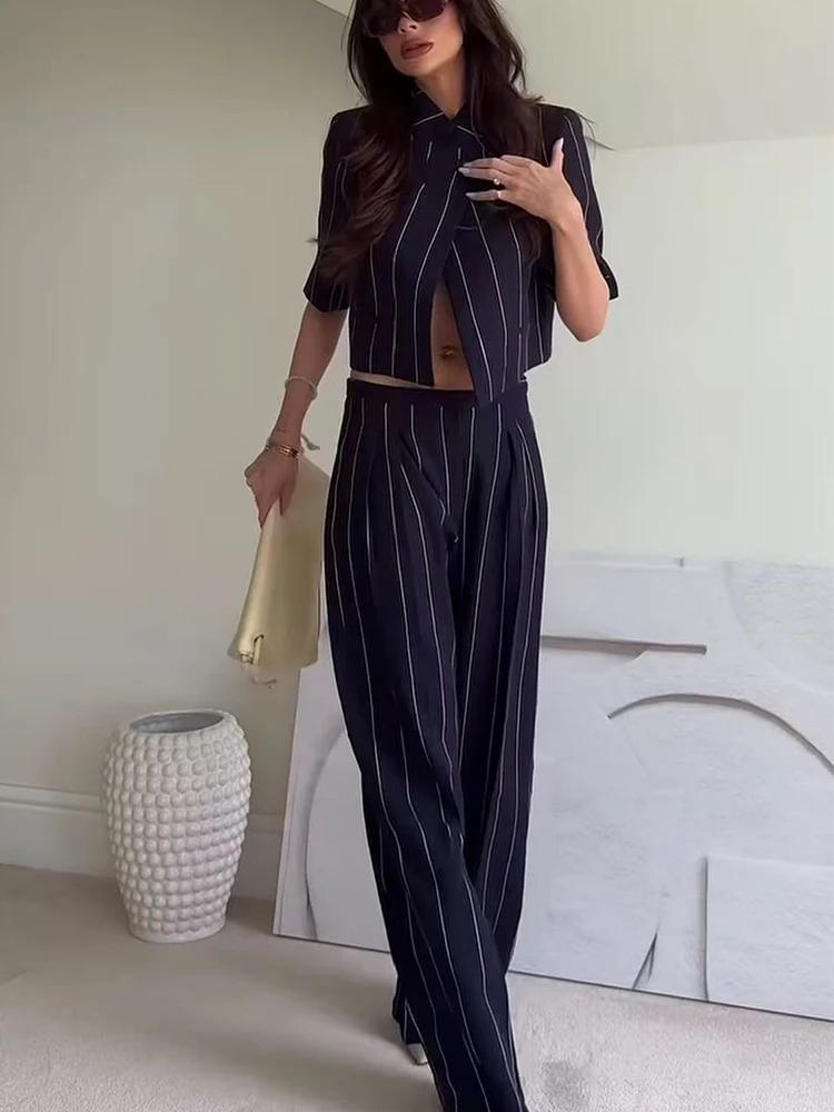 TFMLN Ensemble deux pièces élégant pour femme, pantalon à rayures imprimées, style décontracté et ch