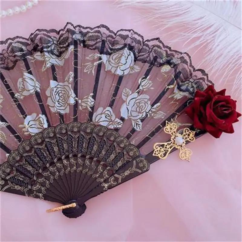 Éventail Gothique Lolita Victorien en Dentelle pour Femme, Vintage, Noir, Blanc, Rouge, Rose, Bambou