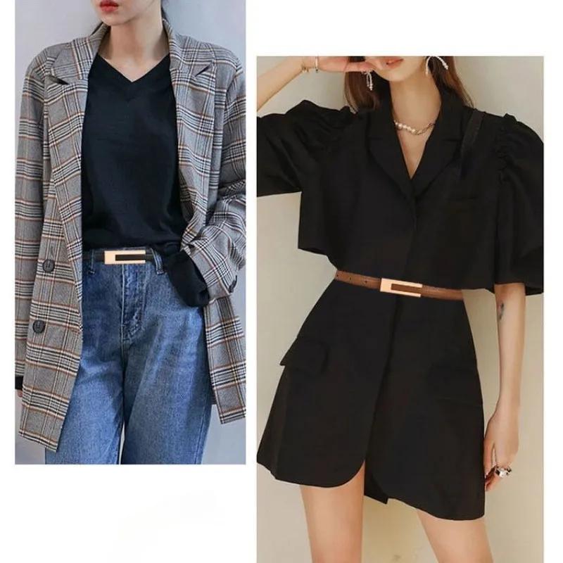 Femmes coréennes à la mode en cuir PU mince sangle de taille accessoires en métal ceinture de base f