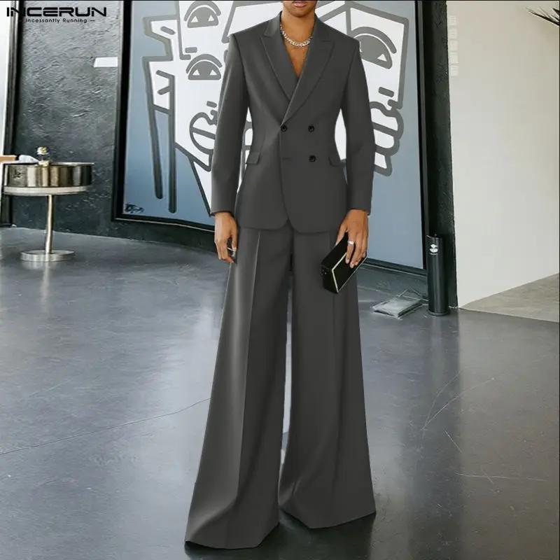 INCERUN hommes ensembles couleur unie Double boutonnage à manches longues Blazer et pantalon deux pi
