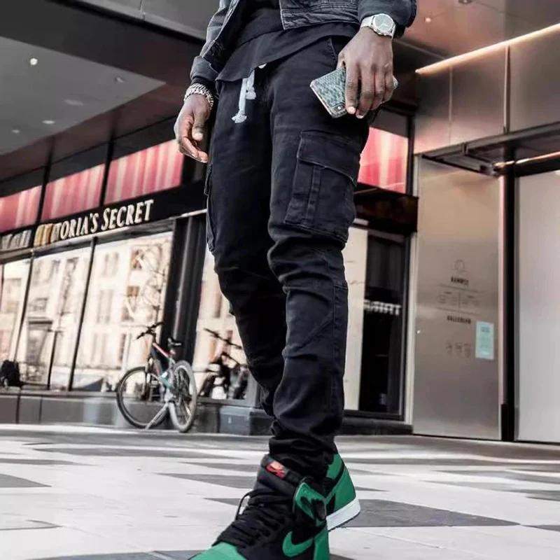 Jeans en denim élastique pour hommes, pantalon cargo multi-poches, coupe slim décontractée, jogging