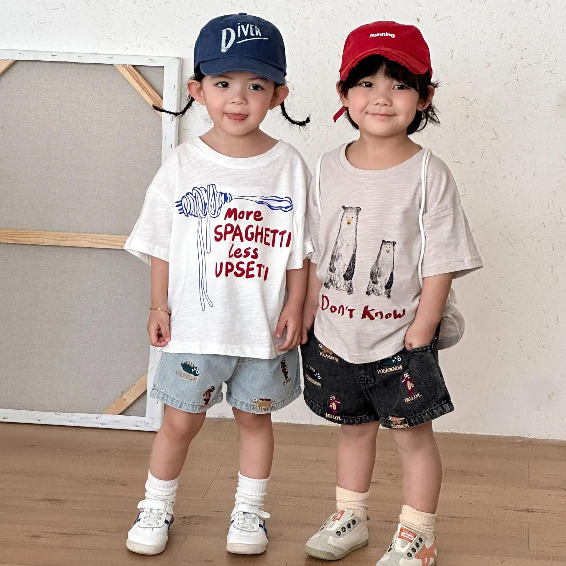 T-shirts à manches mi-longues pour enfants, amples, avec lettres de dessin animé imprimées, hauts po