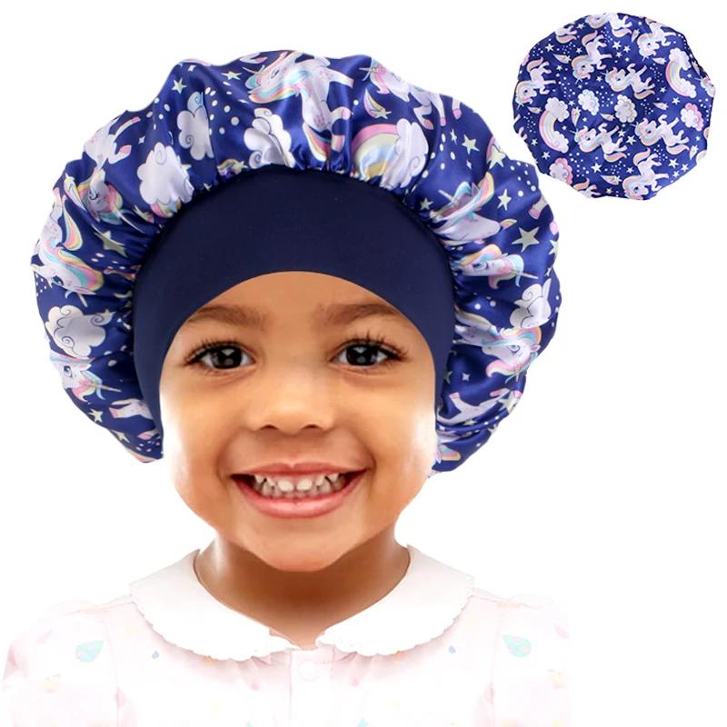 Dessin animé bébé enfants imprimer Satin Bonnet chapeau de sommeil casquette pour cheveux bouclés ré