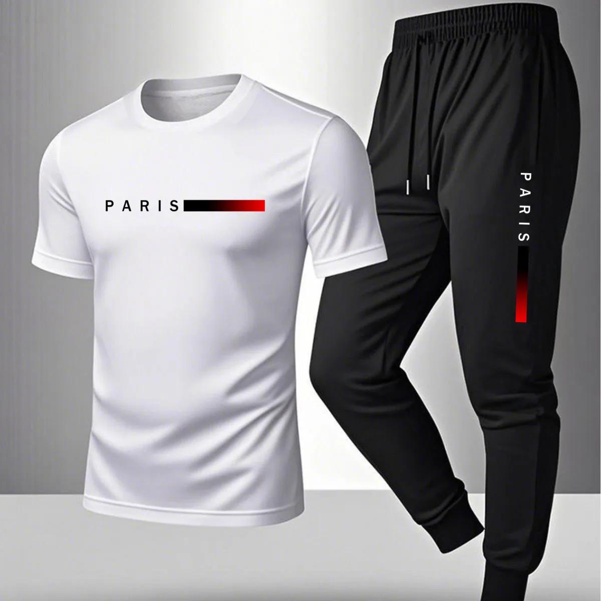 Ensemble t-shirt à manches courtes et pantalon décontracté d'été pour homme, imprimé Paris, ensemble