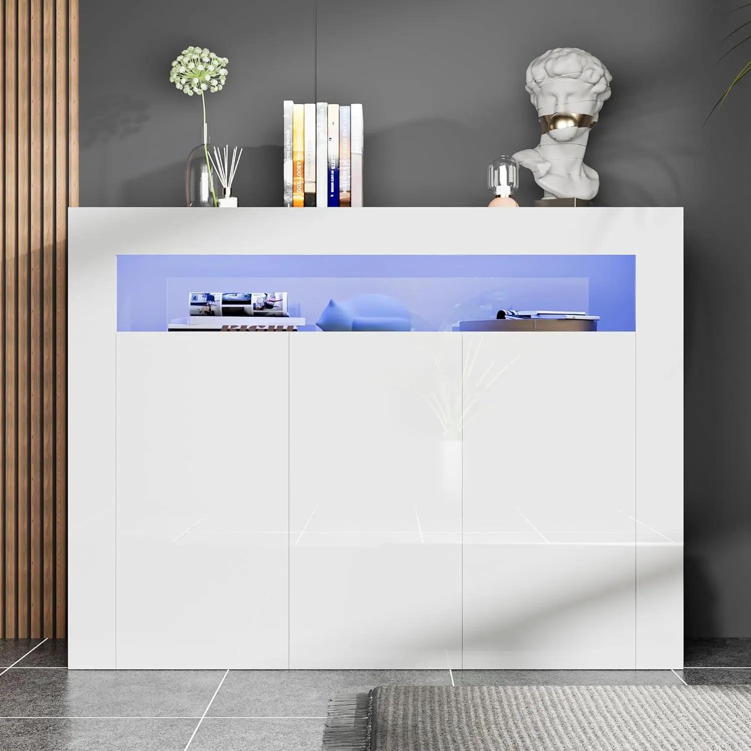 Armoire de rangement moderne blanche avec lumières LED, buffet à haute brillance, étagère réglable,